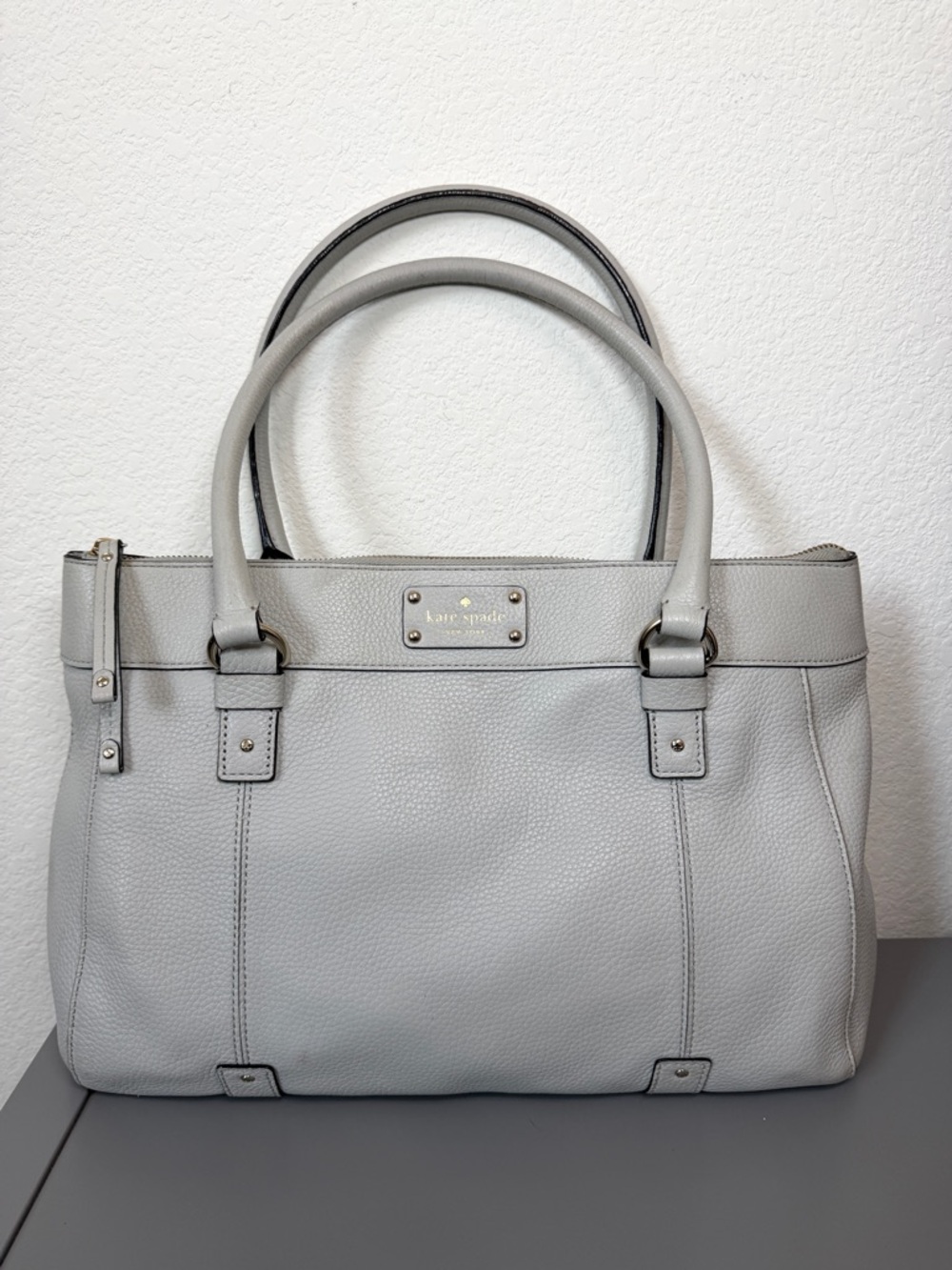Kate Spade Teegan Berkshire Road Dove Gray Pebbled Leather Satchel Tote.